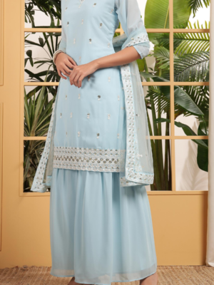 "Elegant georgette embroidered salwar kameez set for women in four pastel shades – stylish ethnic wear for festive occasions."
