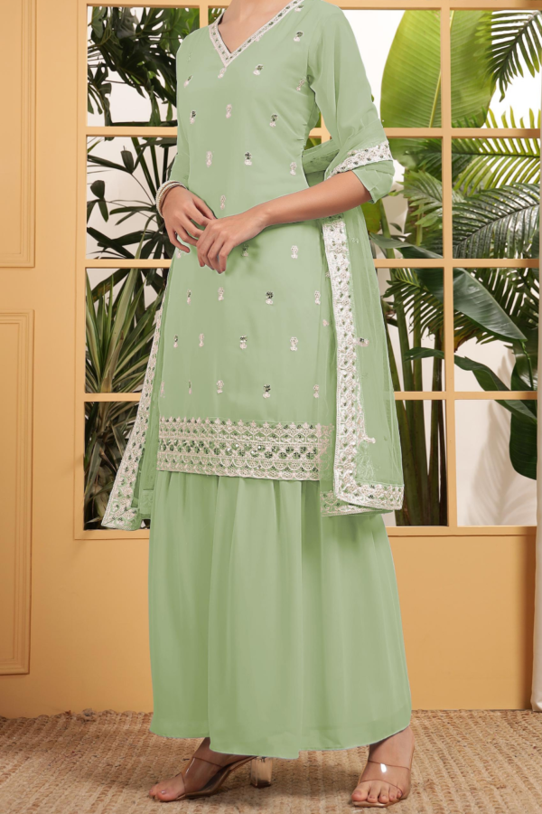 "Elegant georgette embroidered salwar kameez set for women in four pastel shades – stylish ethnic wear for festive occasions."