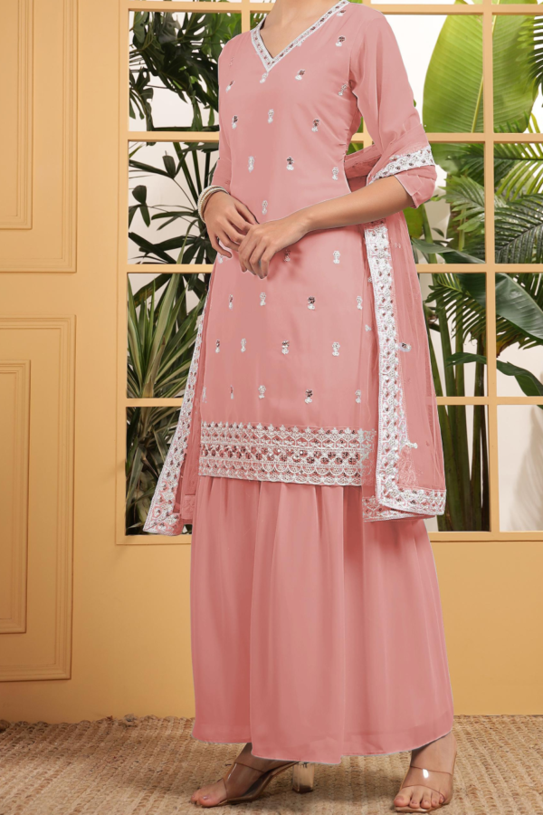 Elegant georgette embroidered salwar kameez set for women in four pastel shades – stylish ethnic wear for festive occasions."