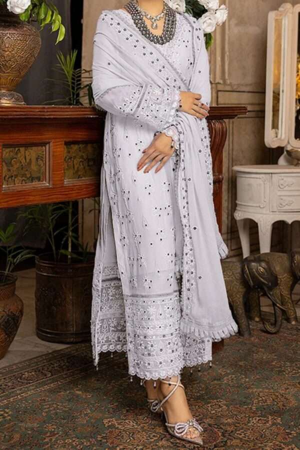 Floral Touch Silver Grey Embroidered Pakistani Salwar Kameez – Designer Baroque Style Lawn Suit