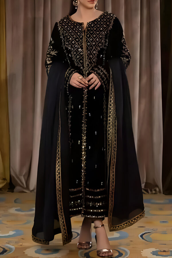 Velvet Kurta Set with Dupatta and Bottomwear – Stitched Printed Three-Quarter Sleeve Set