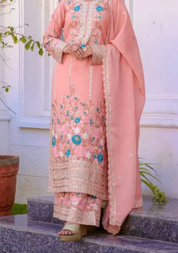 “Premium Heavy Chinon Silk Palazzo Suit Set with designer embroidery, diamond handwork and cutwork dupatta”