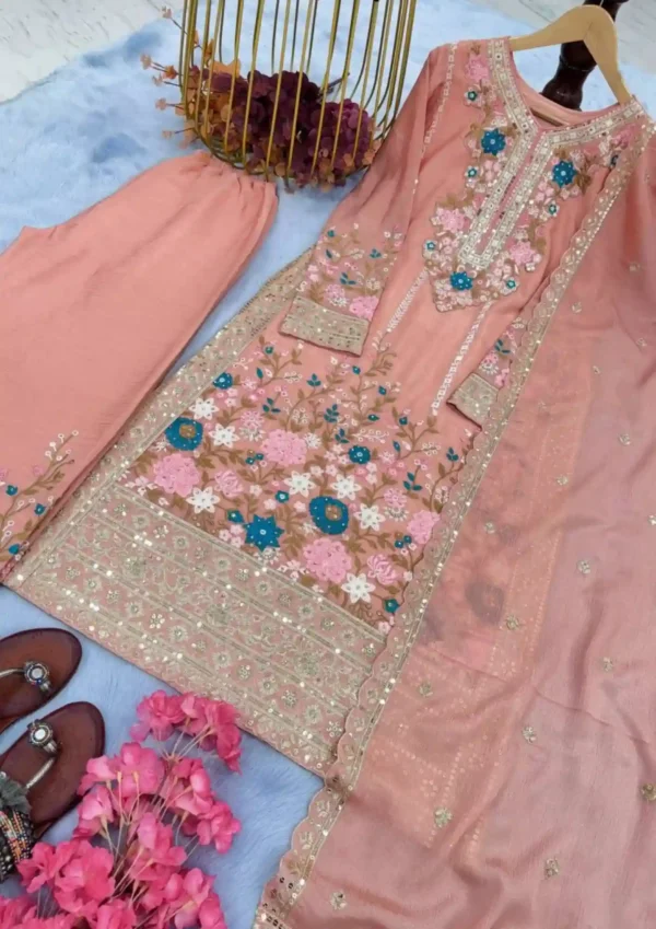“Premium Heavy Chinon Silk Palazzo Suit Set with designer embroidery, diamond handwork and cutwork dupatta”