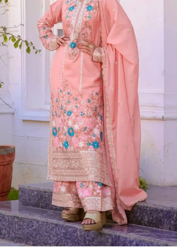 “Premium Heavy Chinon Silk Palazzo Suit Set with designer embroidery, diamond handwork and cutwork dupatta”