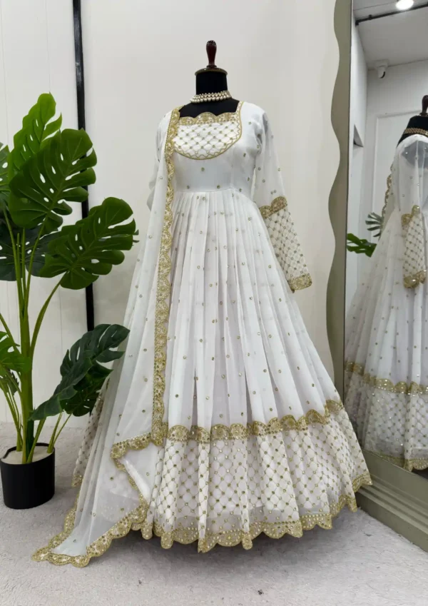 White & Gold Embroidered Anarkali Suit – Elegant Designer Gown for Weddings and Festive Wear 2025