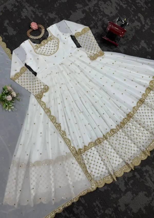 White & Gold Embroidered Anarkali Suit – Elegant Designer Gown for Weddings and Festive Wear 2025