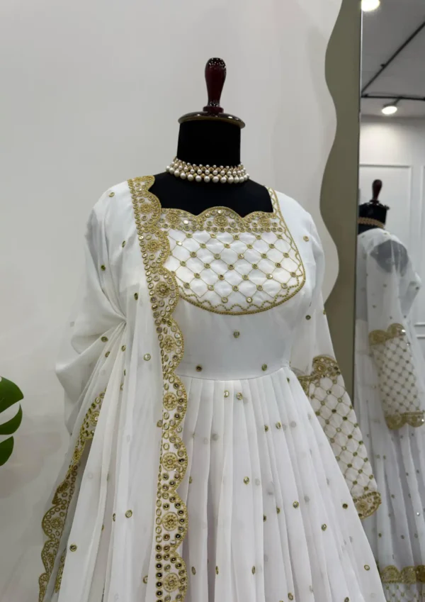 White & Gold Embroidered Anarkali Suit – Elegant Designer Gown for Weddings and Festive Wear 2025