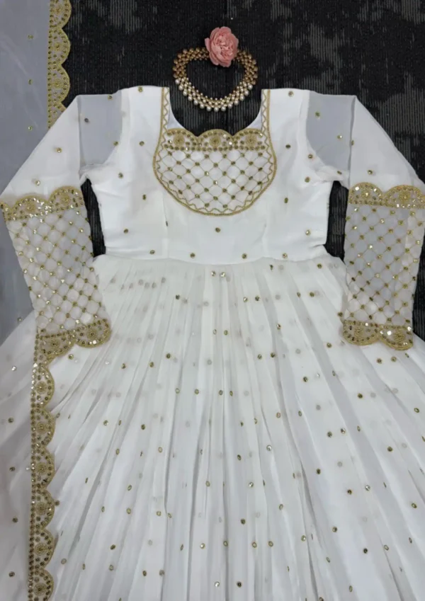 White & Gold Embroidered Anarkali Suit – Elegant Designer Gown for Weddings and Festive Wear 2025