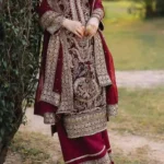 Maroon Faux Georgette Embroidery Suit wedding special with dupatta, heavy embroidery, bead work and lace border