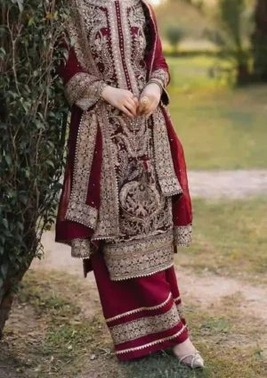 Maroon Faux Georgette Embroidery Suit wedding special with dupatta, heavy embroidery, bead work and lace border
