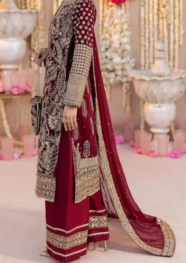 Maroon Faux Georgette Embroidery Suit wedding special with dupatta, heavy embroidery, bead work and lace border