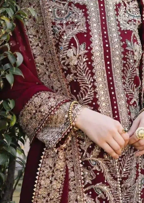 Maroon Faux Georgette Embroidery Suit wedding special with dupatta, heavy embroidery, bead work and lace border