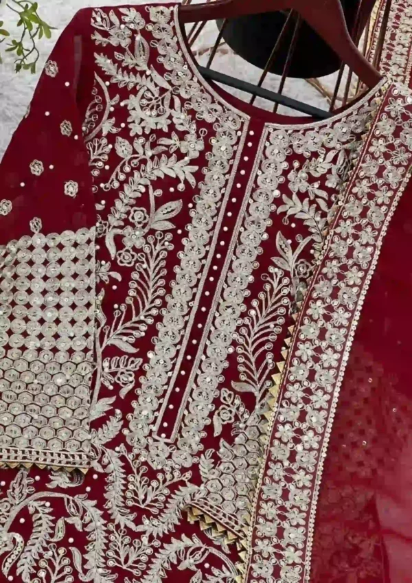 Maroon Faux Georgette Embroidery Suit wedding special with dupatta, heavy embroidery, bead work and lace border