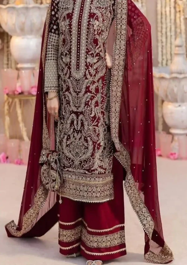 Maroon Faux Georgette Embroidery Suit wedding special with dupatta, heavy embroidery, bead work and lace border