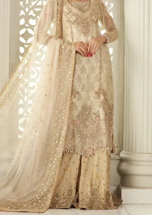 Luxury pakistani suit with dupatta for party wear in beige color with hand embroidery