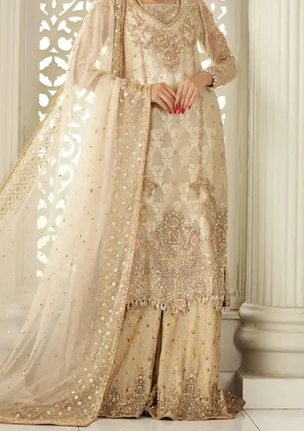 Luxury pakistani suit with dupatta for party wear in beige color with hand embroidery