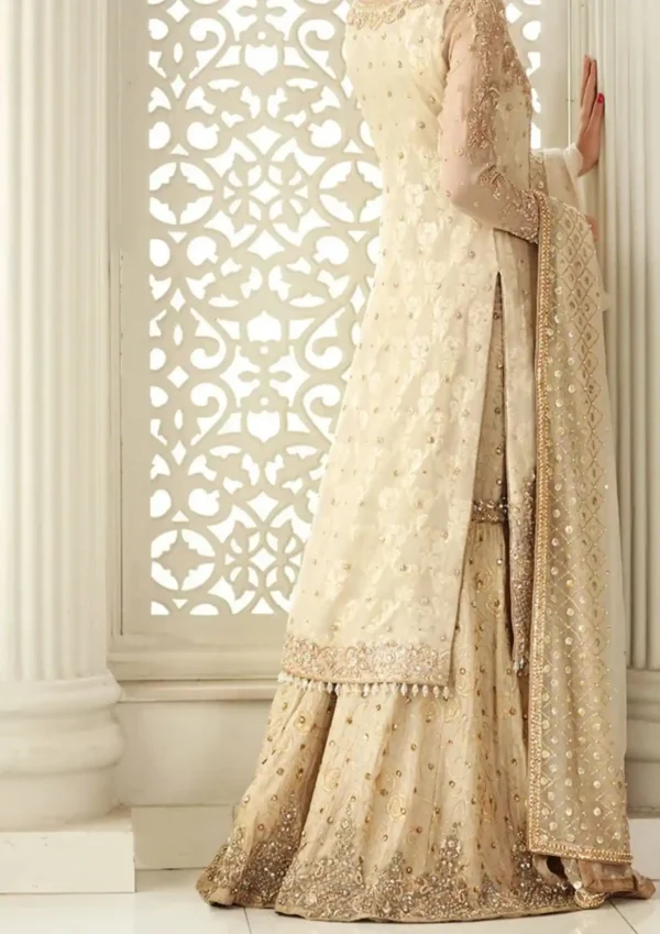 Luxury pakistani suit with dupatta for party wear in beige color with hand embroidery