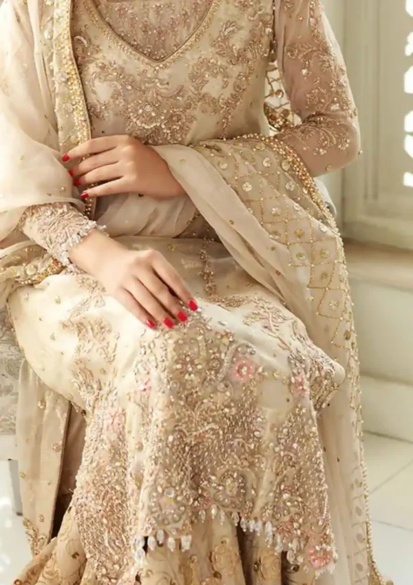 Luxury pakistani suit with dupatta for party wear in beige color with hand embroidery