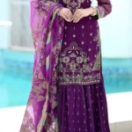 “Party Wear Chinon Suit Set new launch with heavy embroidery, sequin work, pure Chinon silk dupatta and sharara”