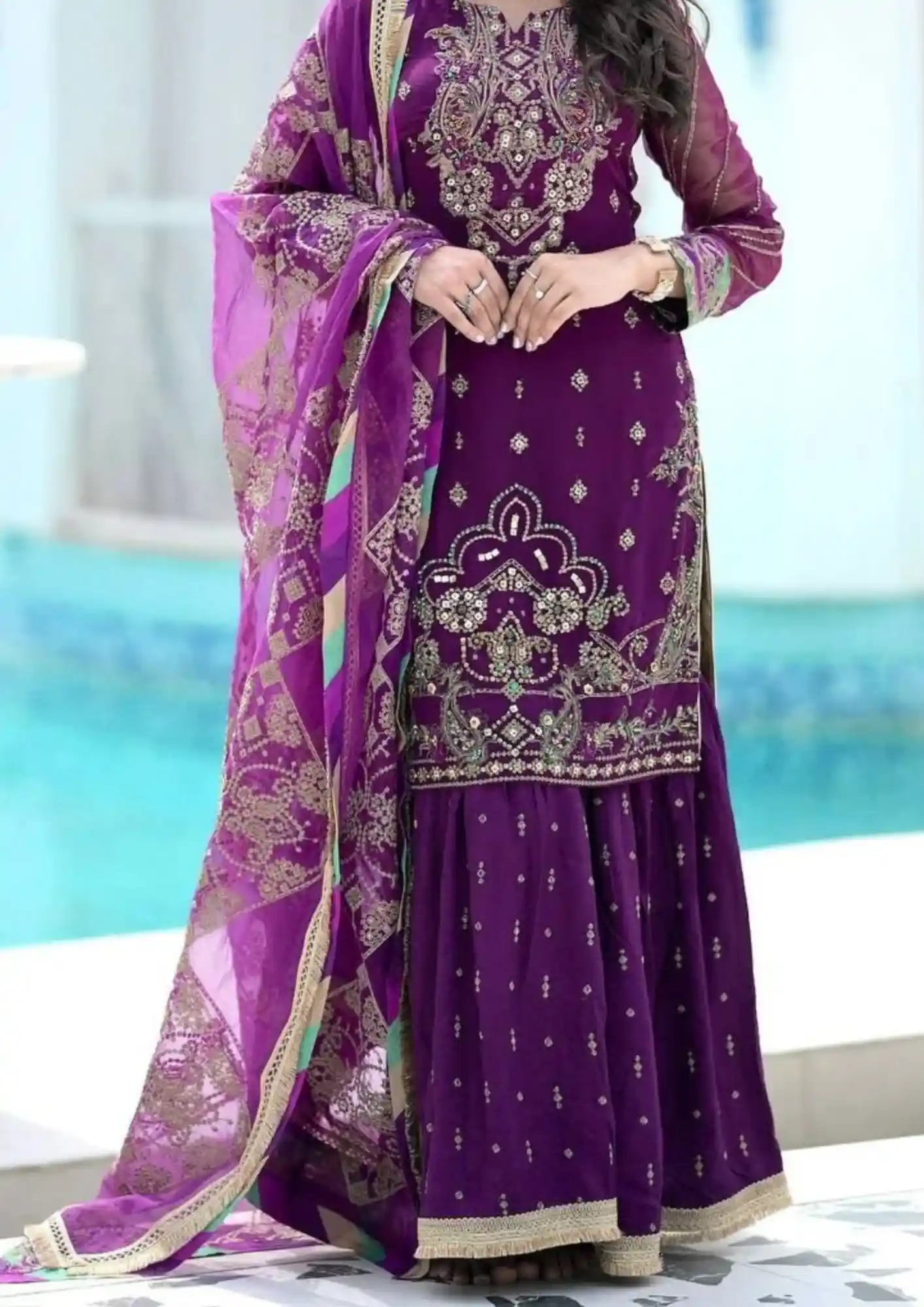 “Party Wear Chinon Suit Set new launch with heavy embroidery, sequin work, pure Chinon silk dupatta and sharara”