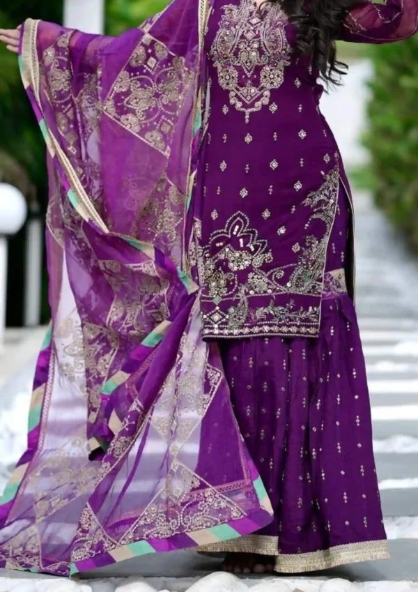 “Party Wear Chinon Suit Set new launch with heavy embroidery, sequin work, pure Chinon silk dupatta and sharara”