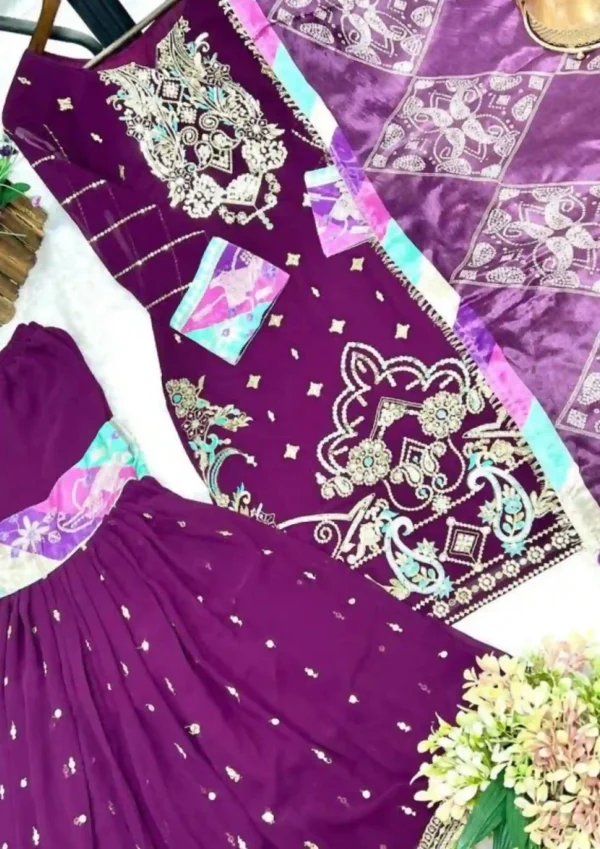 “Party Wear Chinon Suit Set new launch with heavy embroidery, sequin work, pure Chinon silk dupatta and sharara”